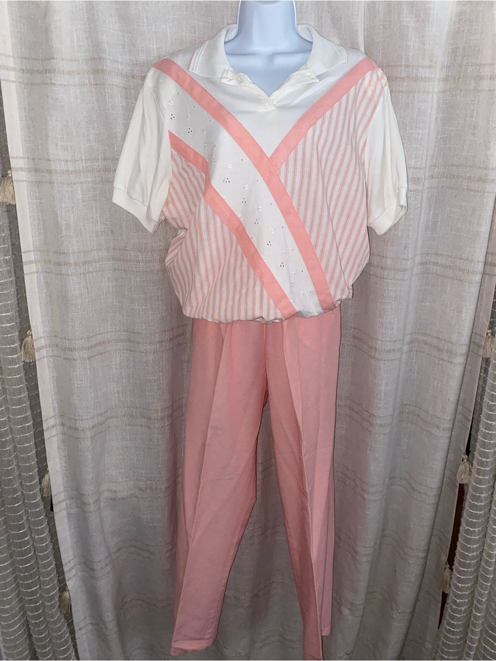 VTG 80s Cricket Lane Pastel Pink Stripe Two Piece Pants Set Eyelet Shoulder Pad